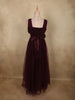 Burgundy Pleated Design Net Party Wear Gown with Bow Waist Detail