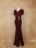 Burgundy Shimmer Draped High Slit Mermaid Gown