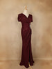 Burgundy Shimmer Draped High Slit Mermaid Gown