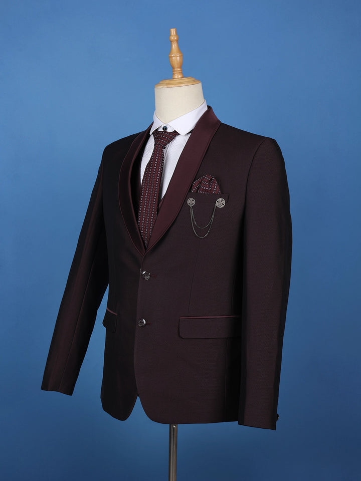 Burgundy Textured Solid Polyester Men's Suit with Pocket Chain Detailing - Diadem