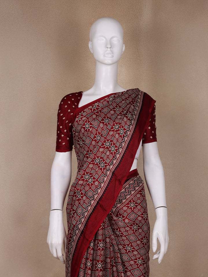 Burgundy Ajrak Print Mul Mul Cotton Saree - Diadem