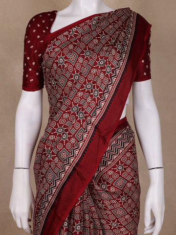 Burgundy Ajrak Print Mul Mul Cotton Saree - Diadem