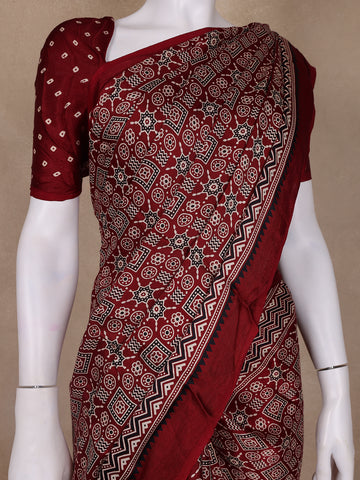 Burgundy Ajrak Print Mul Mul Cotton Saree - Diadem