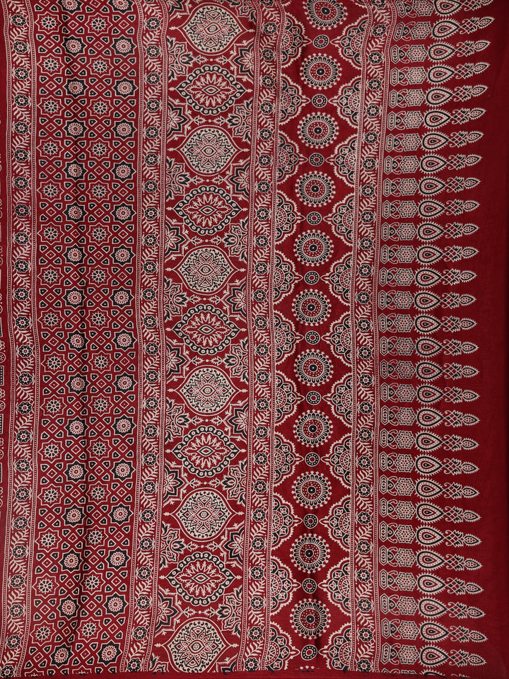 Burgundy Ajrak Print Mul Mul Cotton Saree - Diadem