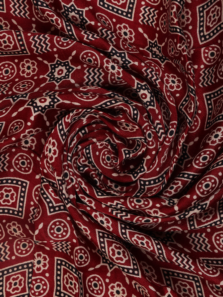 Burgundy Ajrak Print Mul Mul Cotton Saree - Diadem