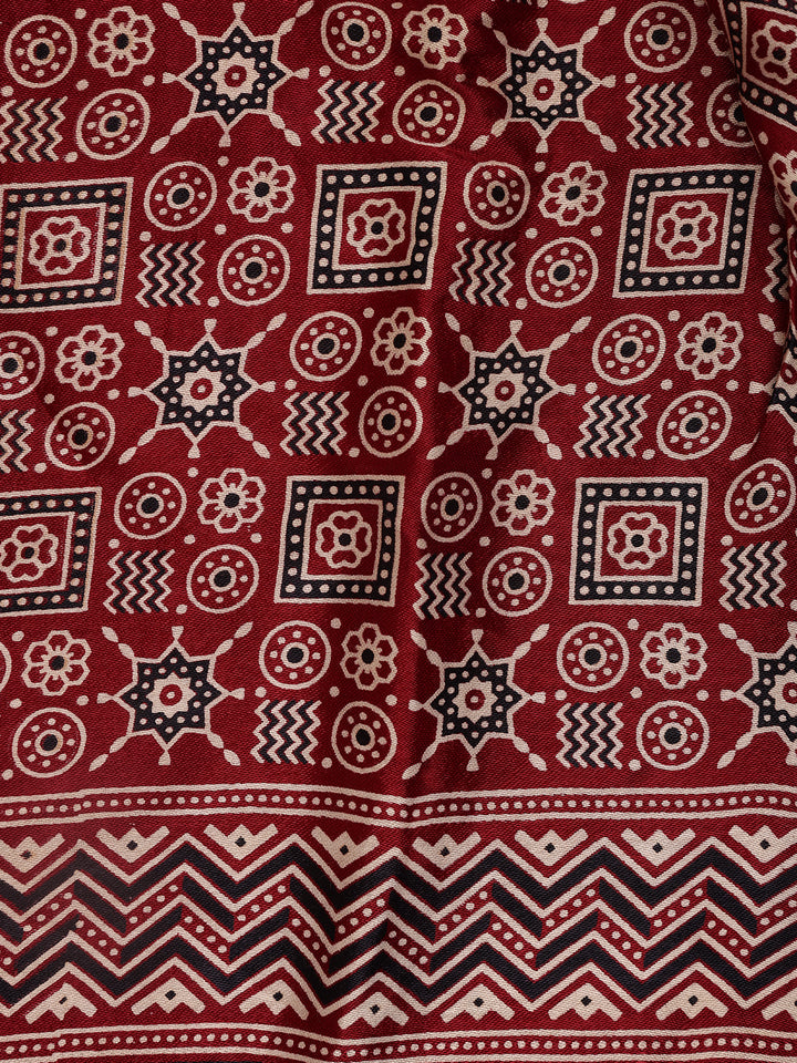 Burgundy Ajrak Print Mul Mul Cotton Saree - Diadem
