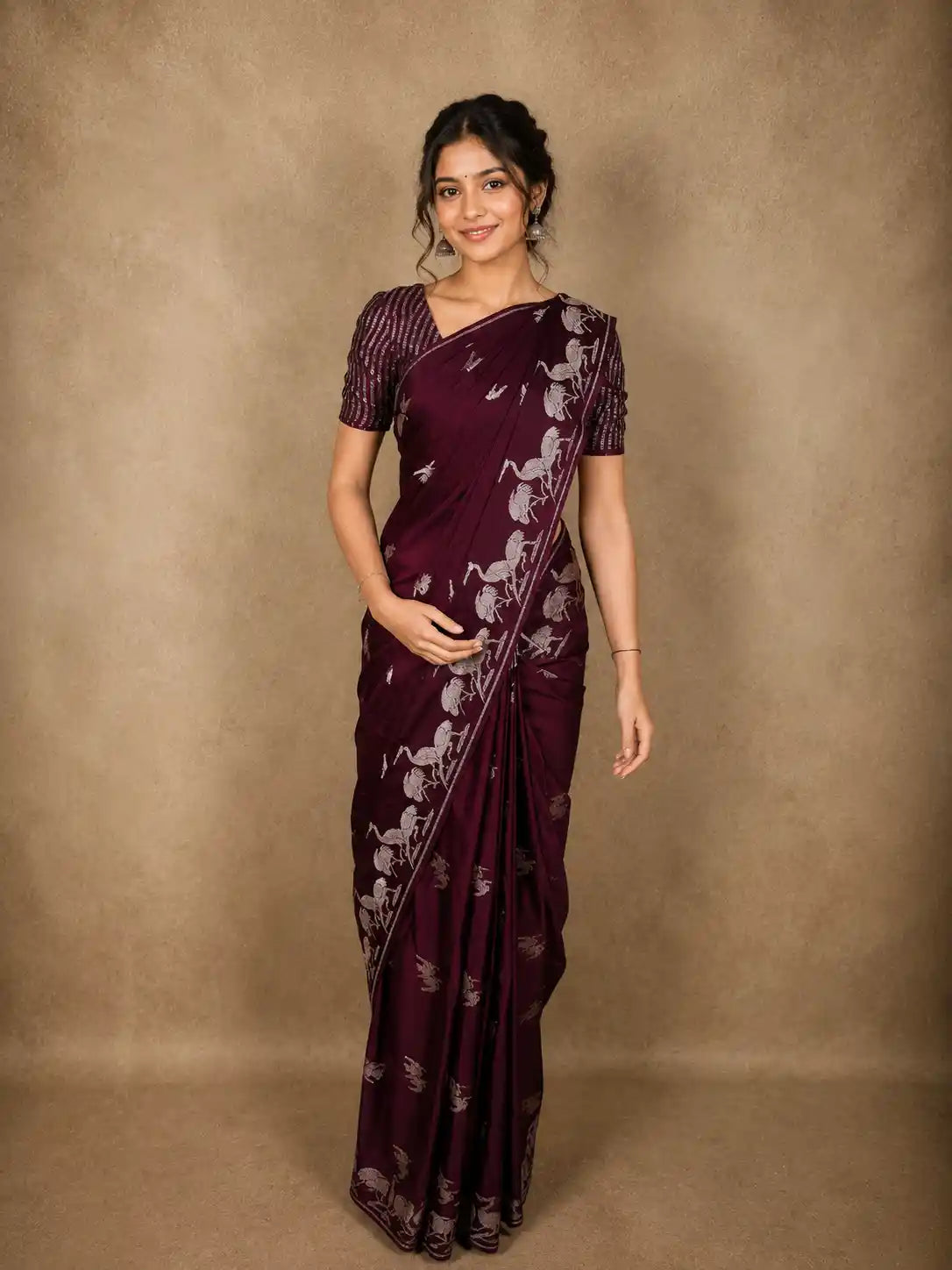 Burgundy Birds Woven Design Semi Banarasi Saree with Self Border