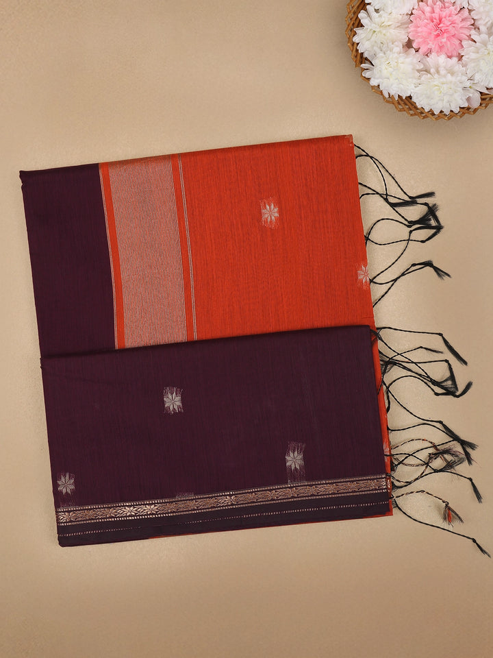 Burgundy Floral Butta Fancy Cotton Saree - Diadem
