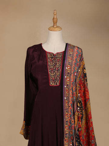 Burgundy Floral Designed Semi Silk Anarkali Salwar Suit - Diadem