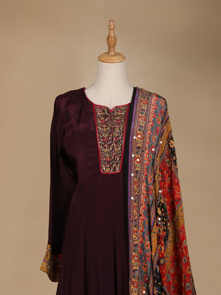 Burgundy Floral Designed Semi Silk Anarkali Salwar Suit - Diadem