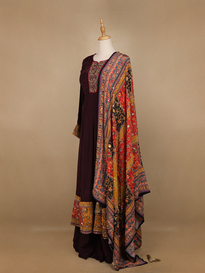 Burgundy Floral Designed Semi Silk Anarkali Salwar Suit - Diadem