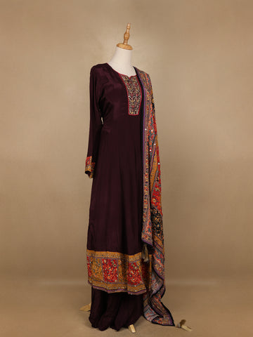 Burgundy Floral Designed Semi Silk Anarkali Salwar Suit - Diadem