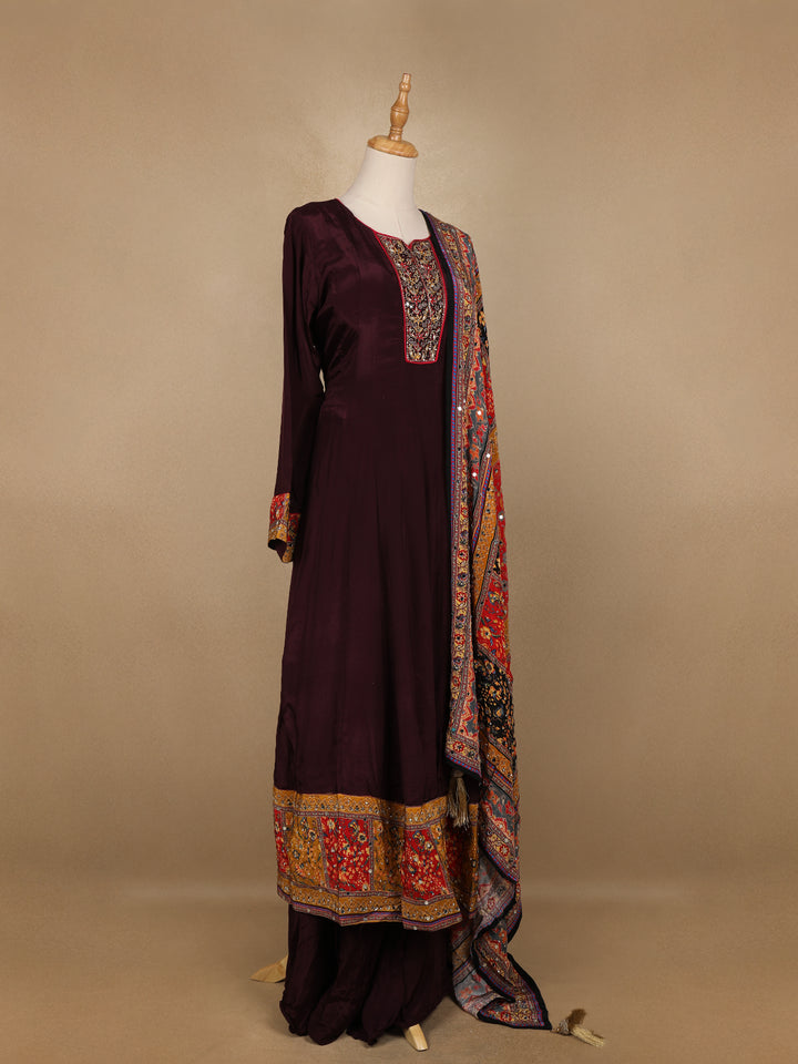 Burgundy Floral Designed Semi Silk Anarkali Salwar Suit - Diadem