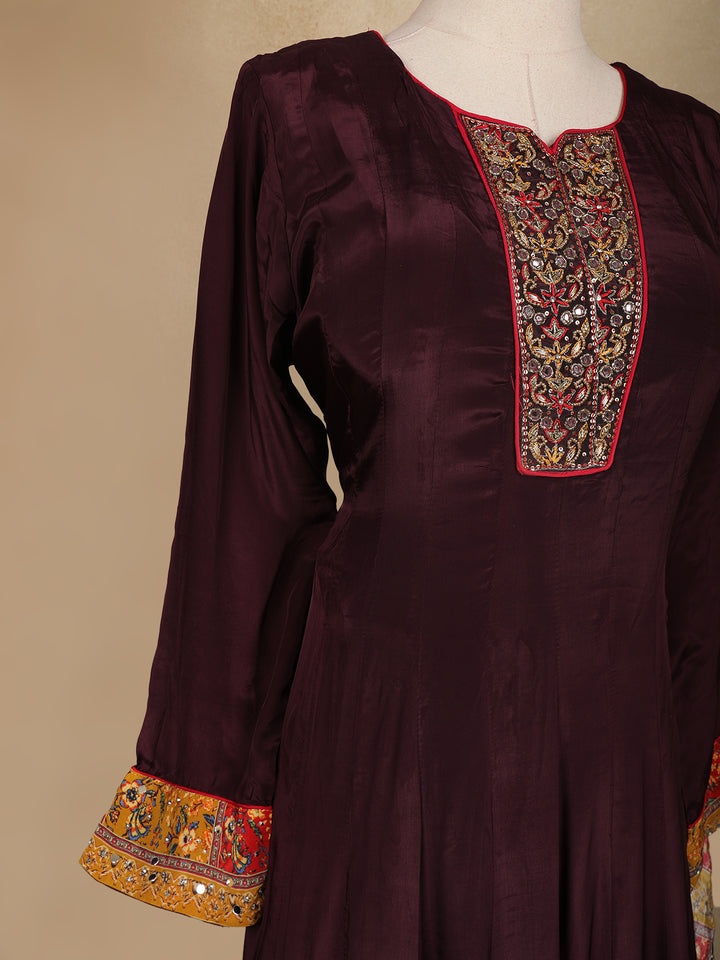Burgundy Floral Designed Semi Silk Anarkali Salwar Suit - Diadem