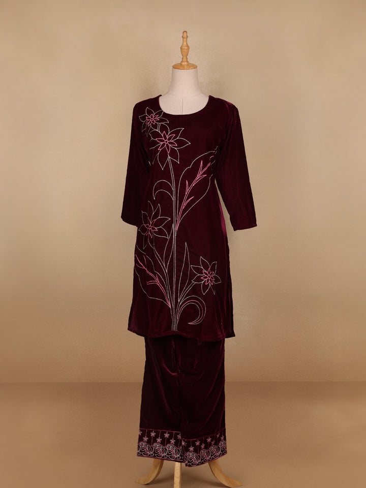 Burgundy Floral Designed Velvet Co Ord Salwar Suit - Diadem