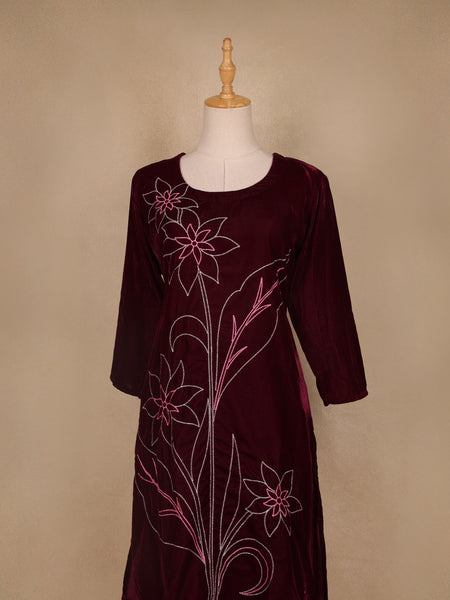 Burgundy Floral Designed Velvet Co Ord Salwar Suit - Diadem