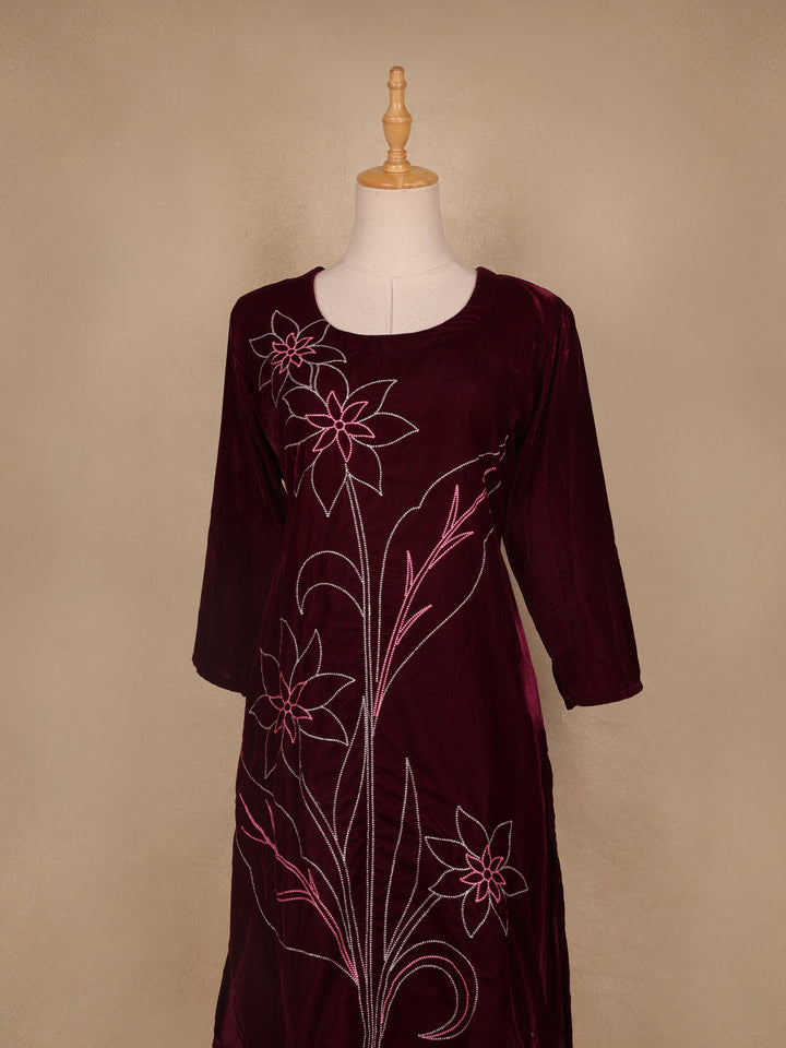 Burgundy Floral Designed Velvet Co Ord Salwar Suit - Diadem