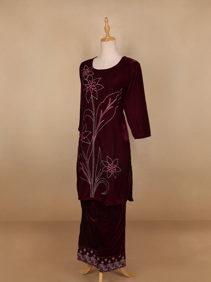 Burgundy Floral Designed Velvet Co Ord Salwar Suit - Diadem