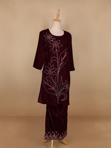 Burgundy Floral Designed Velvet Co Ord Salwar Suit - Diadem