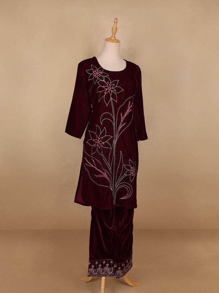 Burgundy Floral Designed Velvet Co Ord Salwar Suit - Diadem