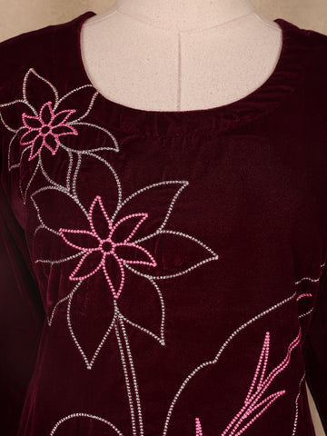 Burgundy Floral Designed Velvet Co Ord Salwar Suit - Diadem