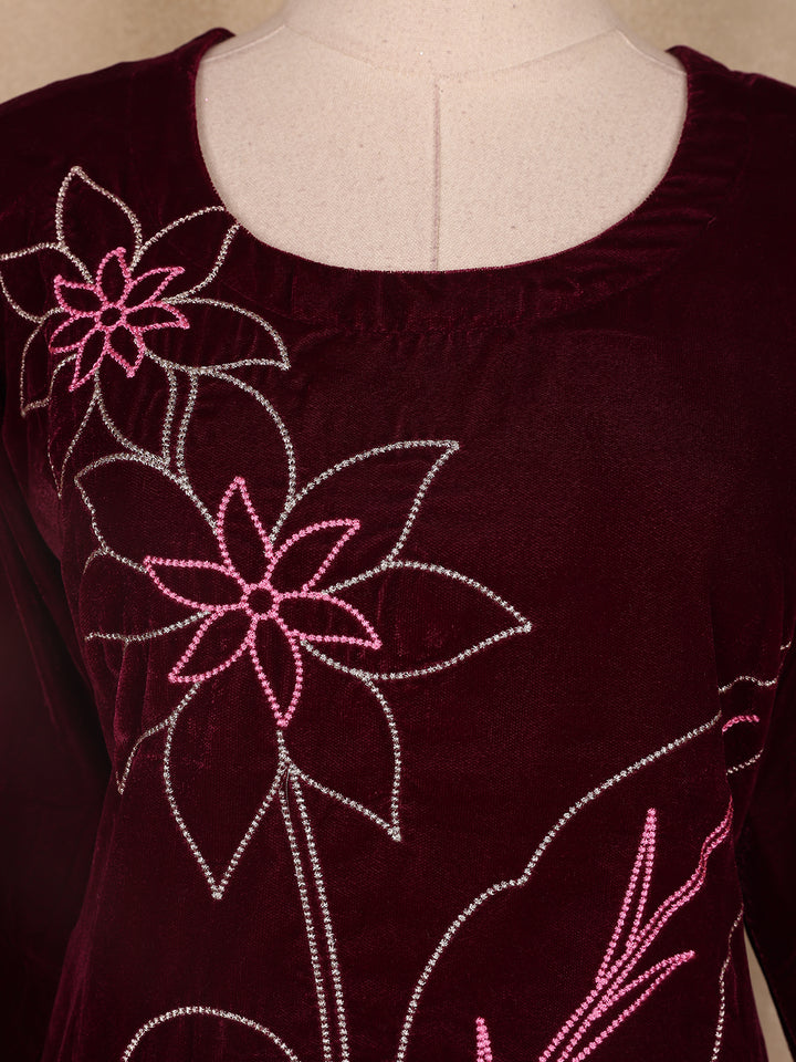 Burgundy Floral Designed Velvet Co Ord Salwar Suit - Diadem