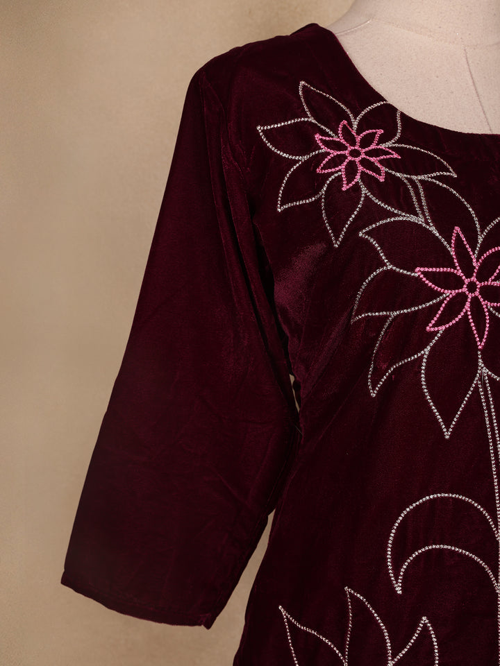 Burgundy Floral Designed Velvet Co Ord Salwar Suit - Diadem