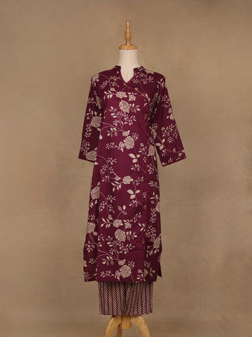 Burgundy Floral Design Printed Cotton Salwar Suit - Diadem