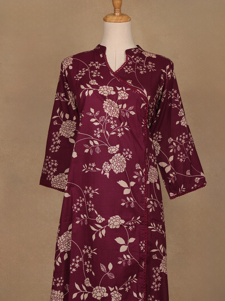 Burgundy Floral Design Printed Cotton Salwar Suit - Diadem