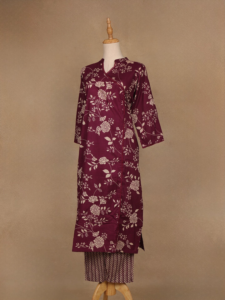 Burgundy Floral Design Printed Cotton Salwar Suit - Diadem