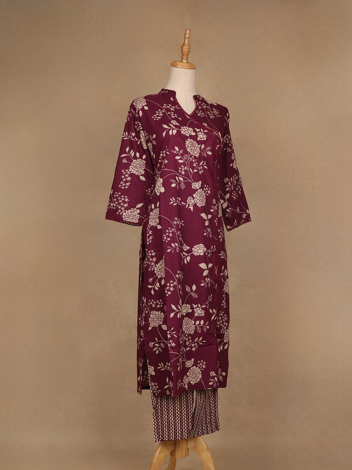 Burgundy Floral Design Printed Cotton Salwar Suit - Diadem