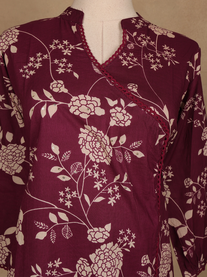 Burgundy Floral Design Printed Cotton Salwar Suit - Diadem