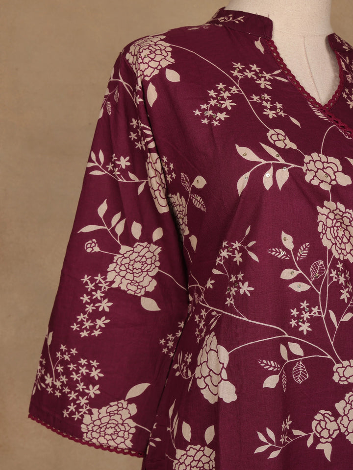 Burgundy Floral Design Printed Cotton Salwar Suit - Diadem