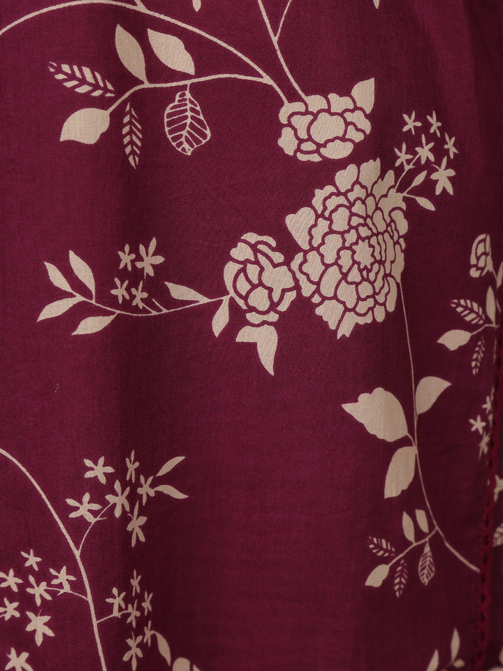 Burgundy Floral Design Printed Cotton Salwar Suit - Diadem