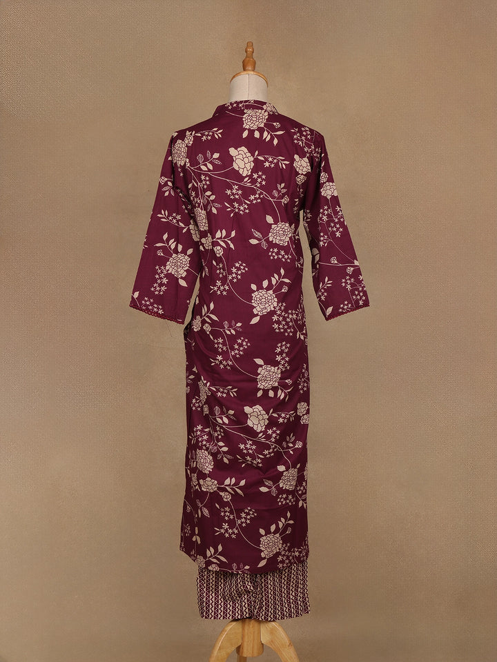 Burgundy Floral Design Printed Cotton Salwar Suit - Diadem