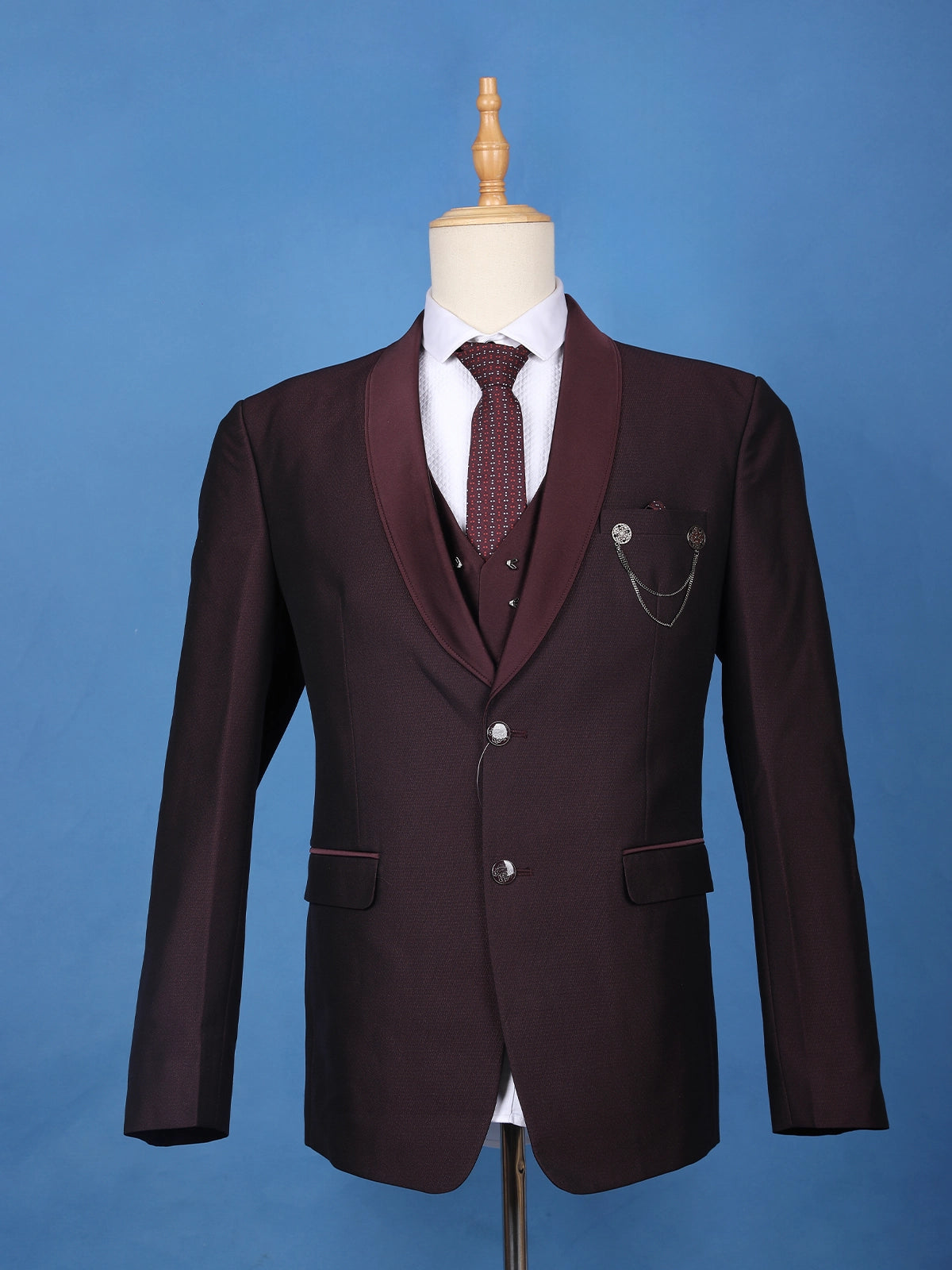 Burgundy Solid Men's Suit  with Chain Brooch Detailing