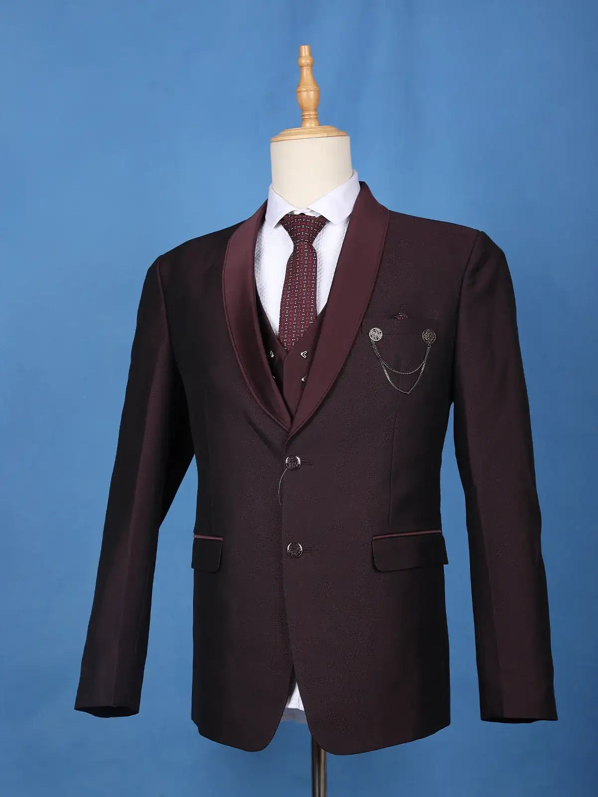 Burgundy Solid Men's Suit with Chain Brooch Detailing Diadem