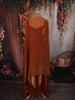 Burnt Copper Brown Floral Zari and Beads Embroidered Design Satin Palazzo Suit with Over Coat
