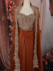 Burnt Copper Brown Floral Zari and Beads Embroidered Design Satin Palazzo Suit with Over Coat