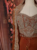 Burnt Copper Brown Floral Zari and Beads Embroidered Design Satin Palazzo Suit with Over Coat