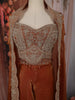 Burnt Copper Brown Floral Zari and Beads Embroidered Design Satin Palazzo Suit with Over Coat