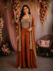 Burnt Copper Brown Floral Zari and Beads Embroidered Design Satin Palazzo Suit with Over Coat
