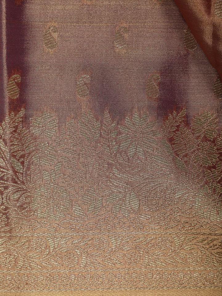 Burnt Maroon Floral Brocade Design Tissue Saree - Diadem