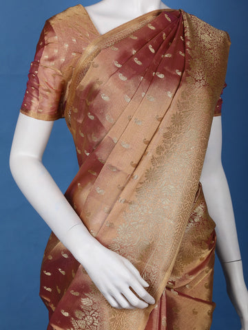 Burnt Maroon Floral Brocade Design Tissue Saree - Diadem