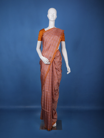 Burnt Orange Checked Design Woven Silk Saree - Diadem