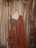 Burnt Orange Heavy Sequins and Beads Embroidered Design Net Fancy Peplum Palazzo Suit with Matching Dupatta