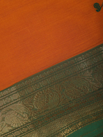 Burnt Orange Scattered Green Motifs Cotton Saree - Diadem