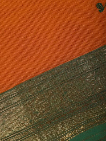 Burnt Orange Scattered Green Motifs Cotton Saree - Diadem