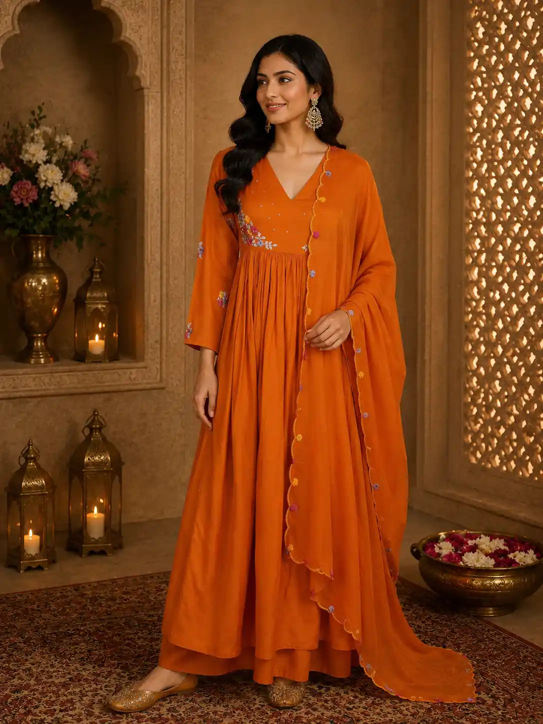 Burnt Marigold Orange Floral Thread Embroidered Design Cotton Salwar Suit with Dupatta