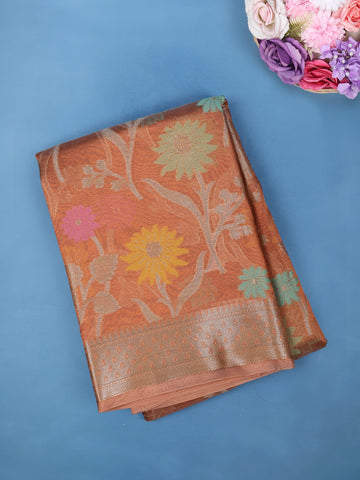Burnt Orange Floral Design Zari Work Tissue Silk Saree - Diadem
